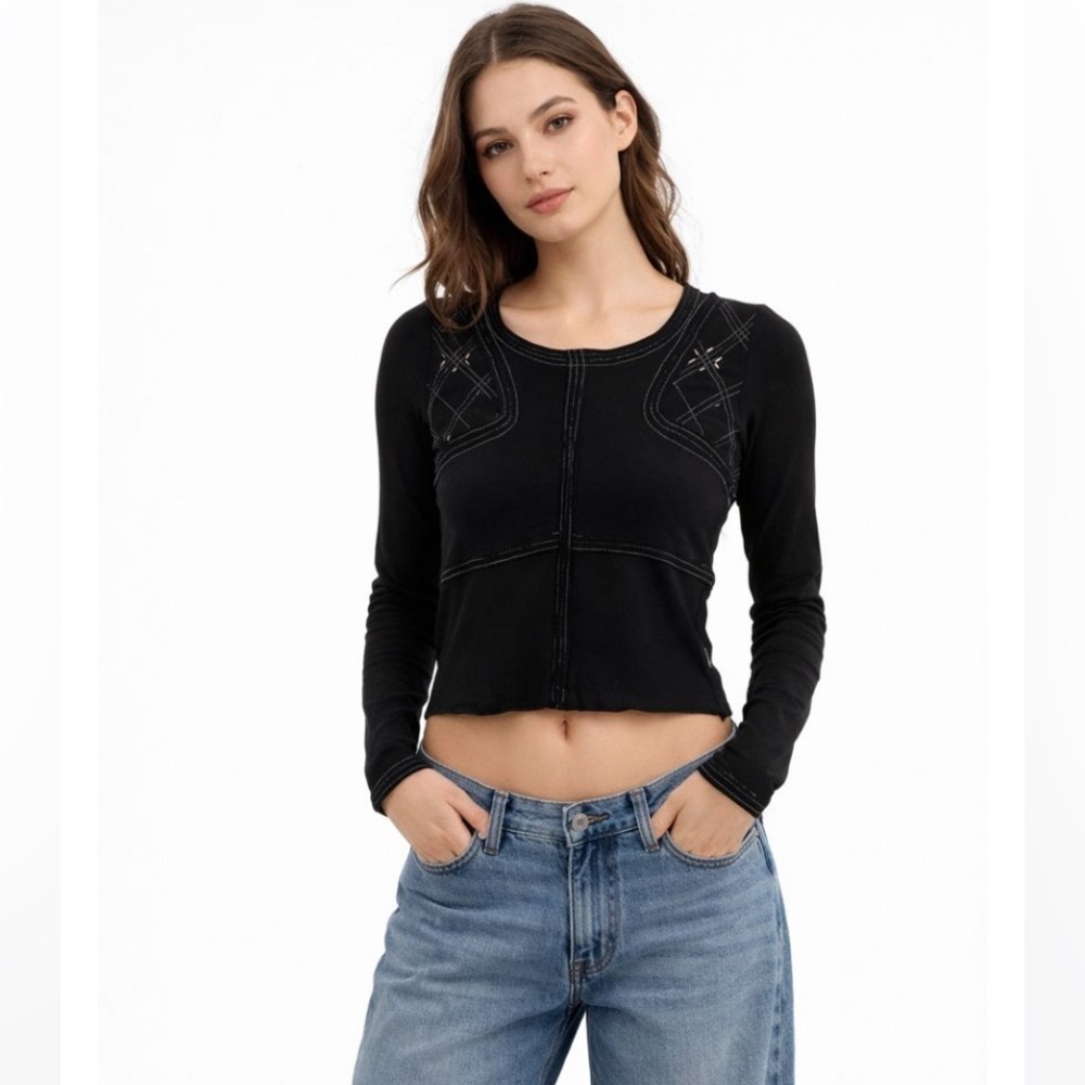 Moschino Jeans Black Metallic Gold Embroidered Long Sleeve Blouse Top Small